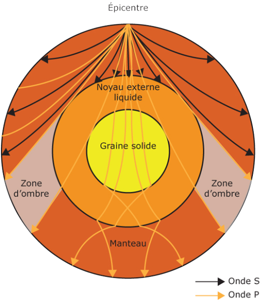 Coupe de la Terre avec trajectoires d'ondes P et S